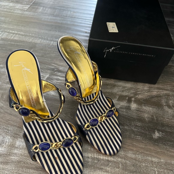 Giuseppe Zanotti Shoes - GIUSEPPE ZANOTTI BLUE LEATHER CHAIN-LINK BLUE STONES BLUE & WHITE STRIPED INSOLE
